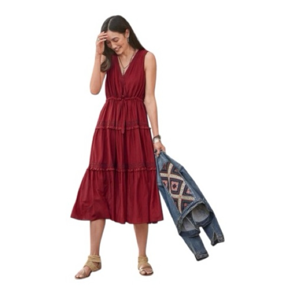 SUNDANCE Women's Zura Dress Silk Blend Sleeveless Boho Midi Burgundy Red Dress